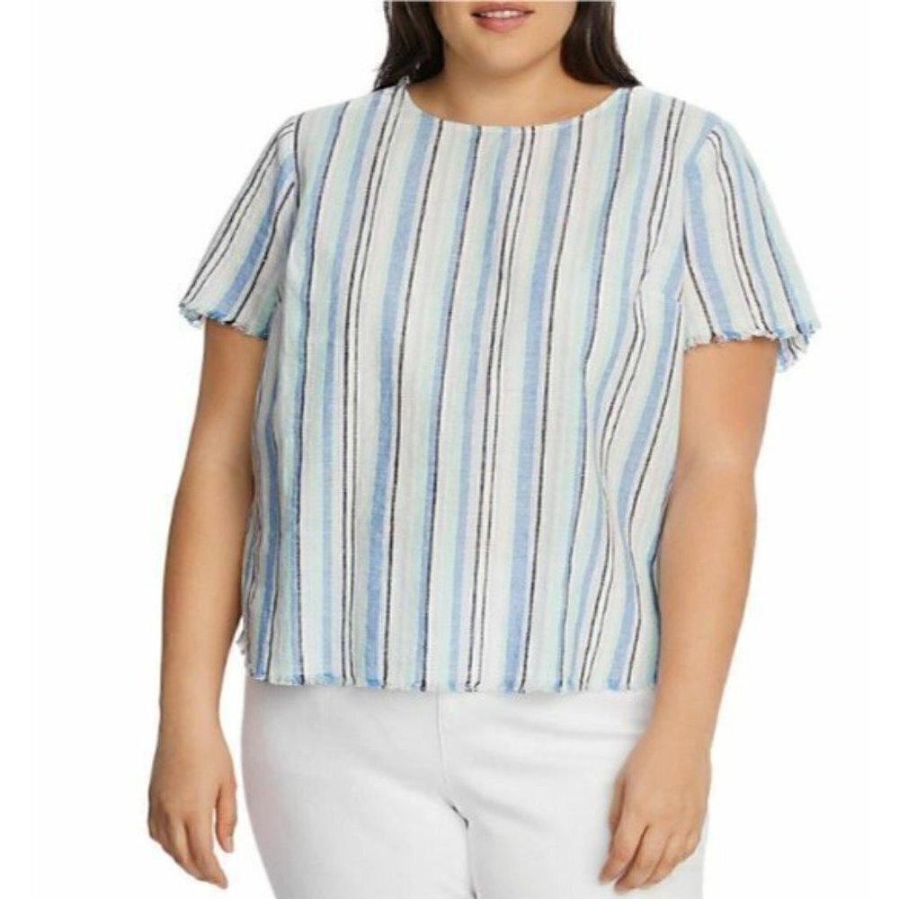 Vince Camuto Top Womens 1X Striped Frayed Hem Linen Blend Short Sleeve Boho